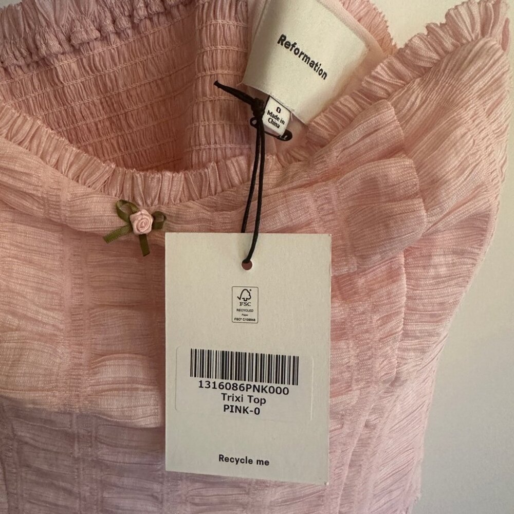 NWT Reformation Trixi Top in Baby Pink Smocking Flower Detail | size 0 - Picture 8 of 11